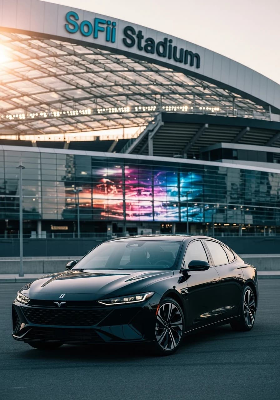 Relier sedan in front of SoFi Stadium, Los Angeles