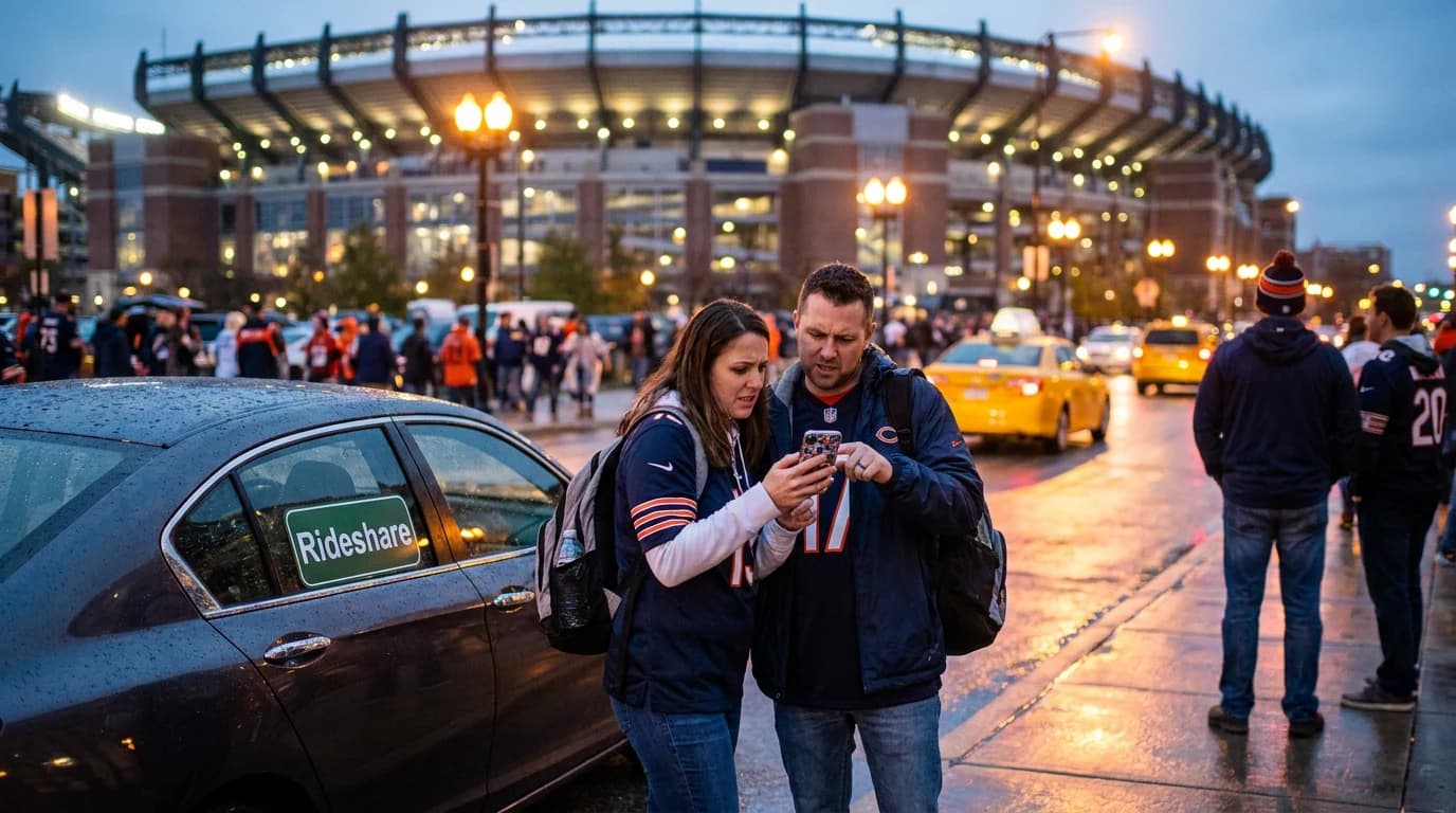 Couple confused and frustrated outside crowded stadium searching for ride-share after event