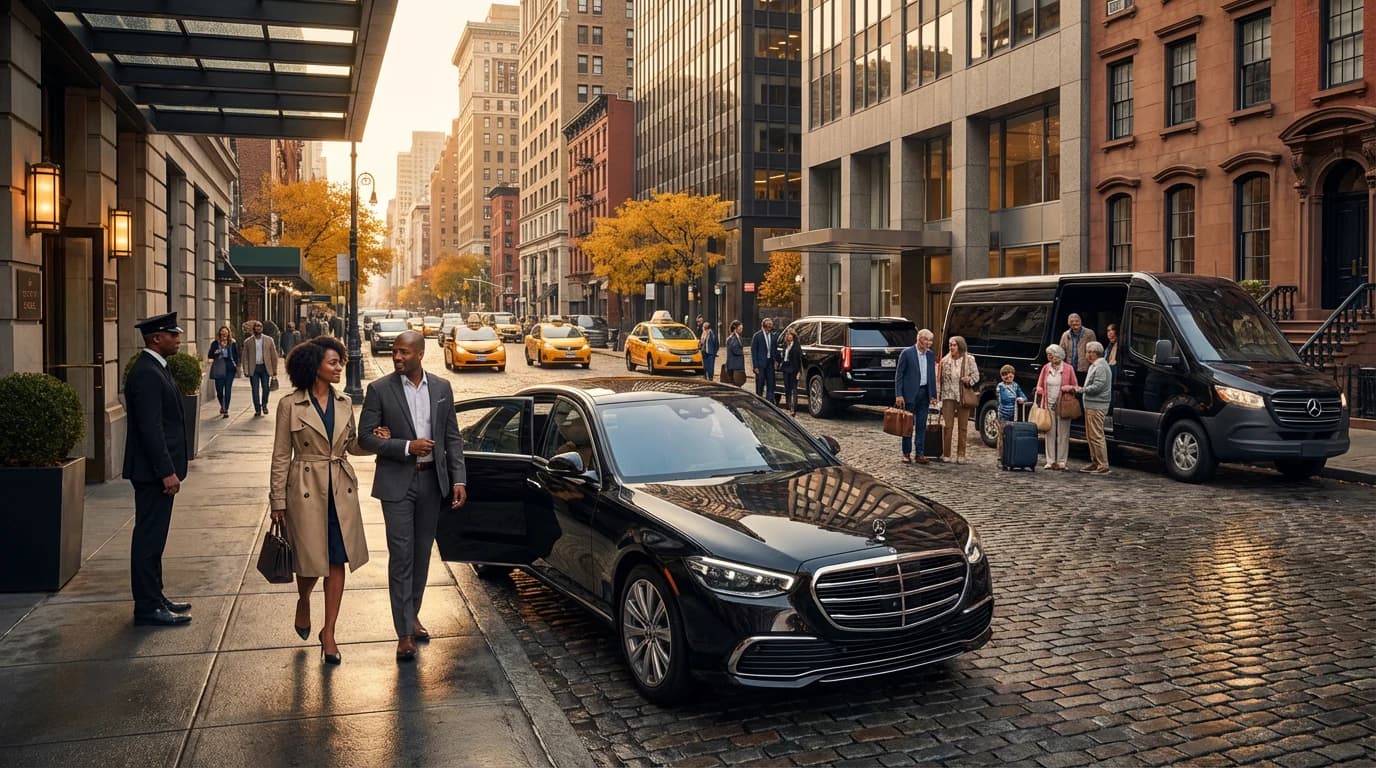 Couple stepping out of a luxury chauffeured sedan on a NYC street