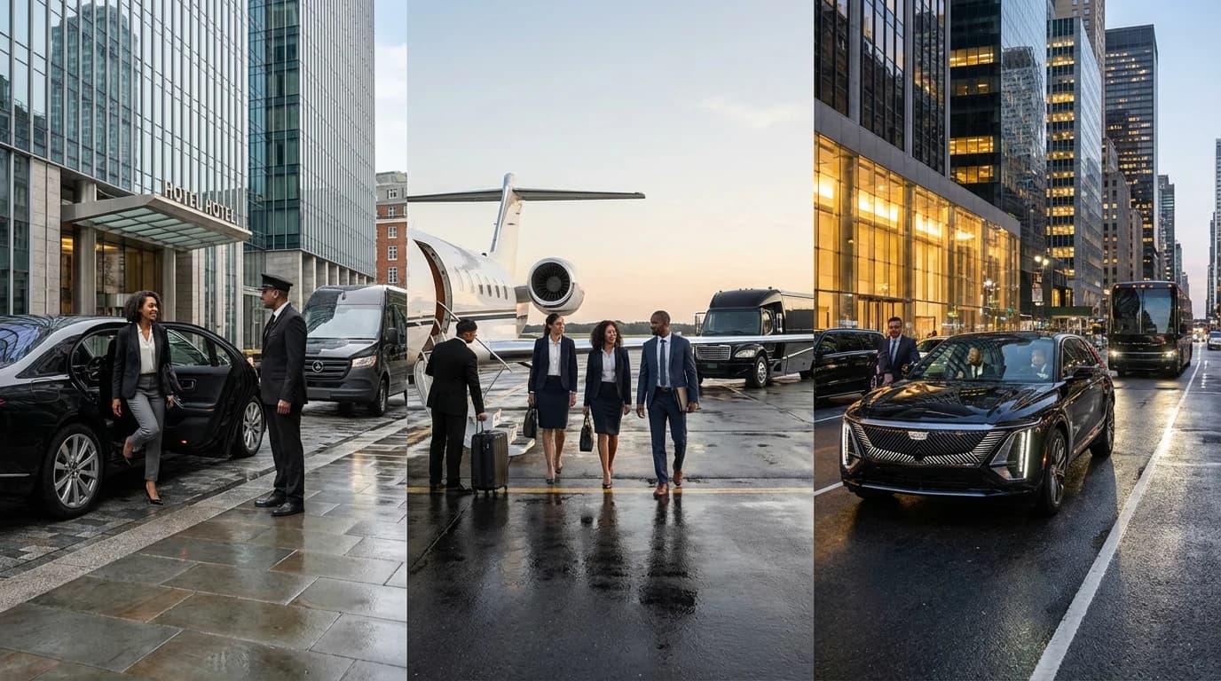 Collage of chauffeur service showing hotel dropoff, private jet pickup, and city driving on a multi‑city business trip.